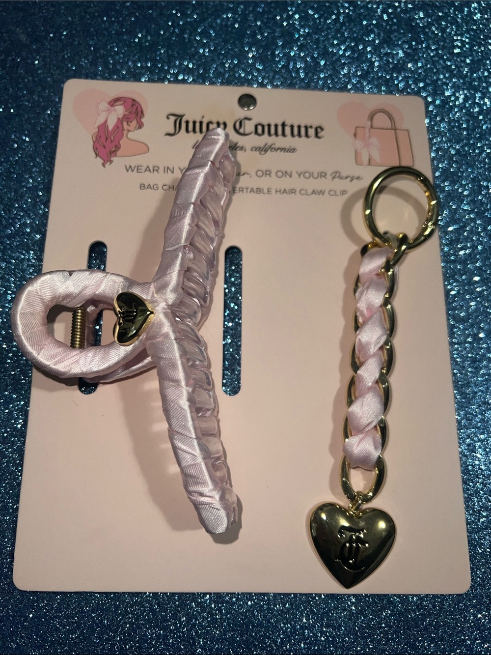 Juicy Couture Pale Pink Satin Braided Hair Claw & Gold Heart Keychain